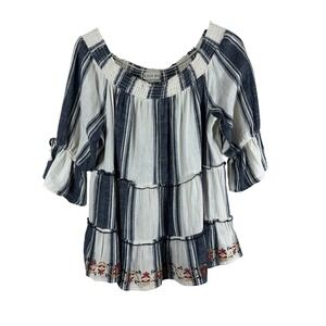 Knox Rose Women's Top Cream Striped Embroidered‎ Linen Blend Cottage Boho Size M